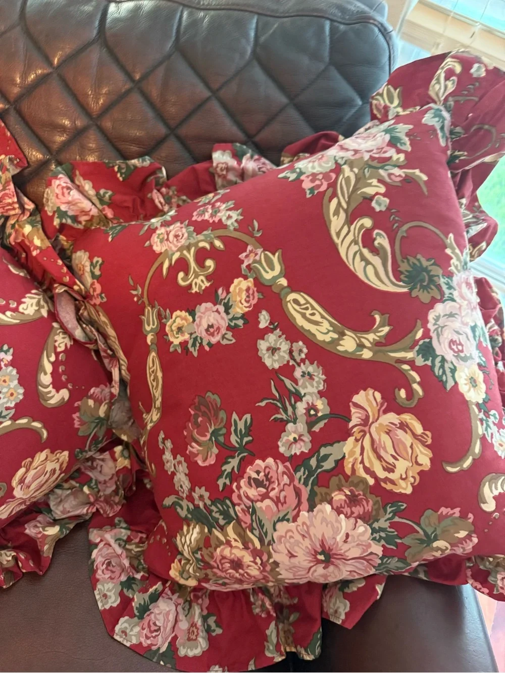 Ralph Lauren Accent Pillows 16x16 + 3 In Ruffle Marseilles Danielle Red Pair (2)